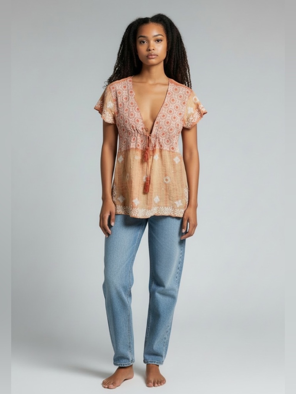 Letarte Peach and Cream Floral Tie-Front Blouse